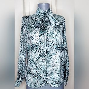 Worthington Womens Petite PS Bow Tie Neck Blouse Green Snake Print Long Sleeves